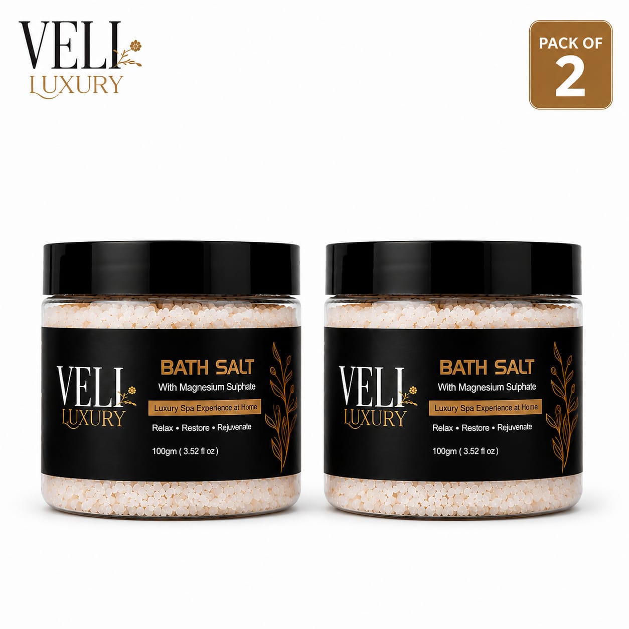 VELI Luxury Bath Salt Combo Pack of 2 (100g Each) with Magnesium Sulphate | Relax, Restore & Rejuvenate | Spa Experience at Home