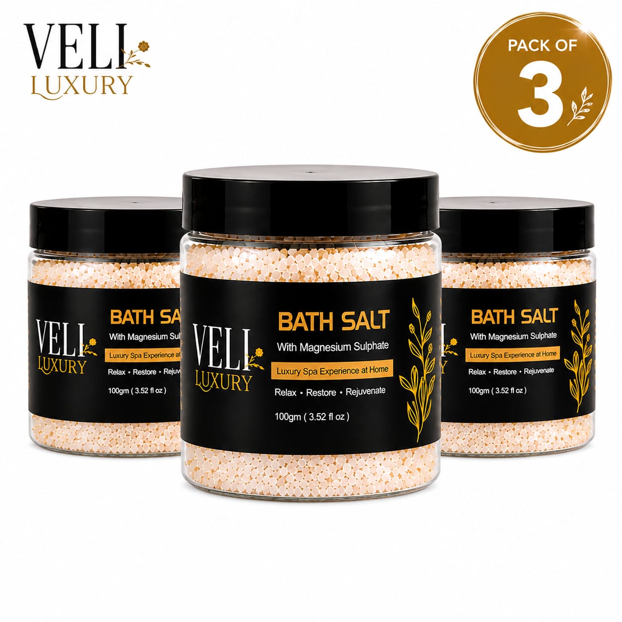 VELI Luxury Bath Salt Combo Pack of 3 (100g Each) with Magnesium Sulphate | Relax, Restore & Rejuvenate | Luxury Spa Experience at Home